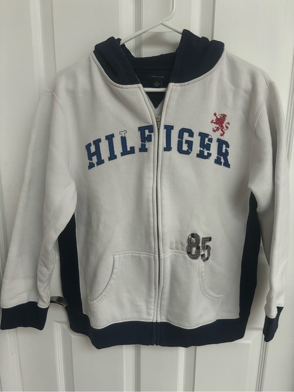 Tommy Hilfiger Kids White & Navy Zip Front Hoodie with Patchwork